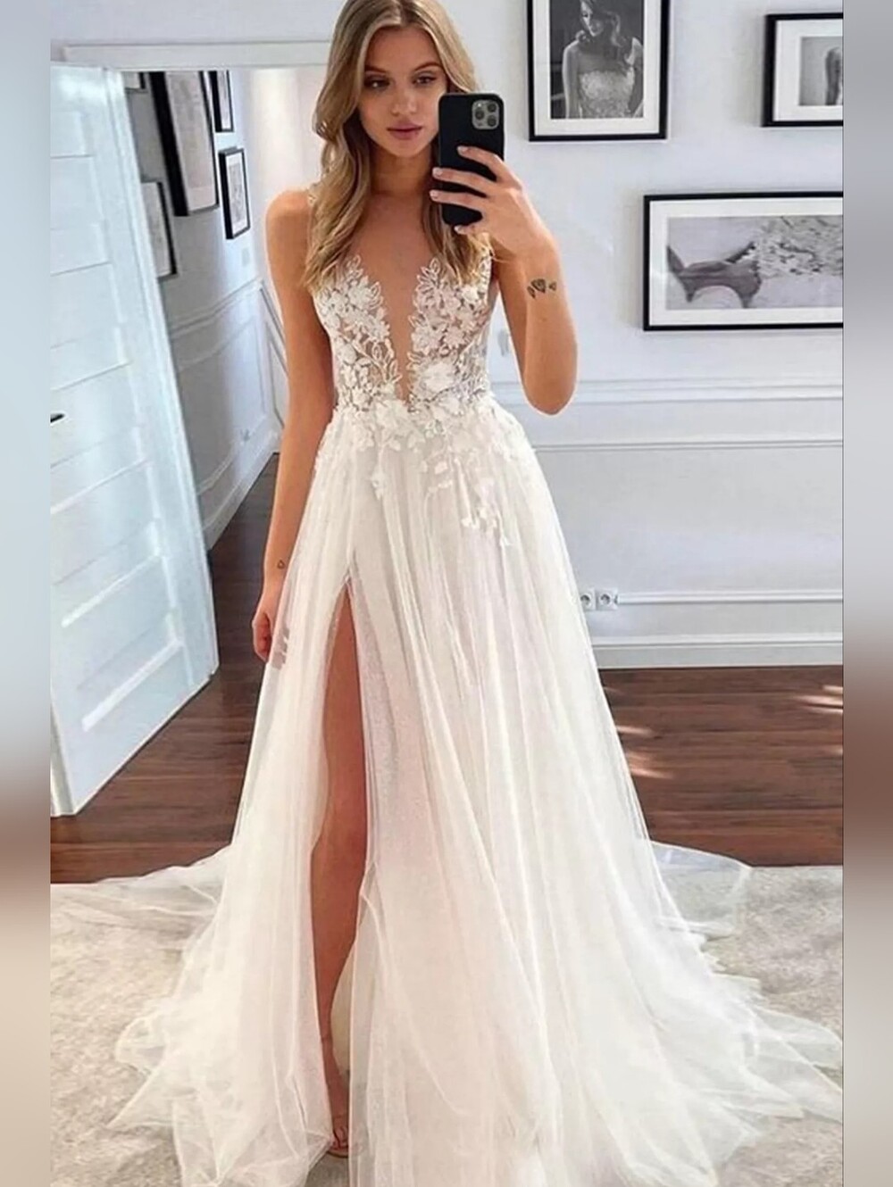 NWT White Boho Lace Wedding Dress Deep V Neck High Slit US 12 Sheer Lace